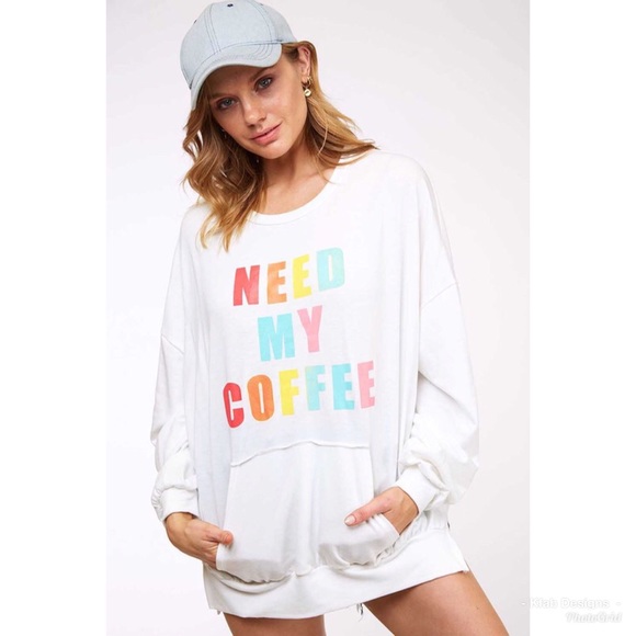 🛍LAST 1! French Terry “COFFEE” Pocket Sweatshirt - Picture 2 of 4